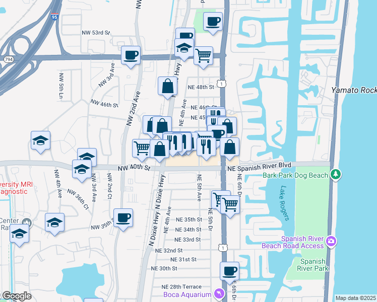 map of restaurants, bars, coffee shops, grocery stores, and more near 470 Northeast 43rd Street in Boca Raton