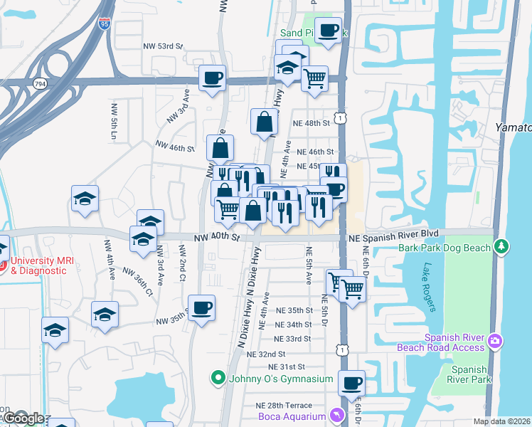 map of restaurants, bars, coffee shops, grocery stores, and more near 4231 Northeast 4th Avenue in Boca Raton