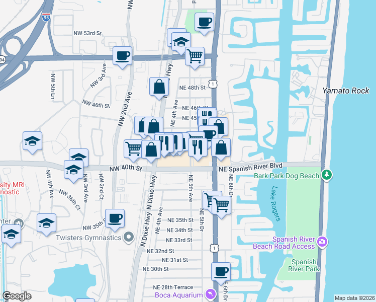 map of restaurants, bars, coffee shops, grocery stores, and more near 470 Northeast 43rd Street in Boca Raton