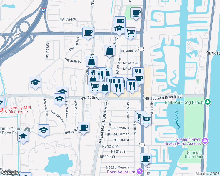 map of restaurants, bars, coffee shops, grocery stores, and more near 4231 Northeast 4th Avenue in Boca Raton