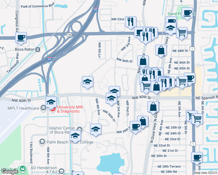 map of restaurants, bars, coffee shops, grocery stores, and more near 345 Northwest 42nd Street in Boca Raton