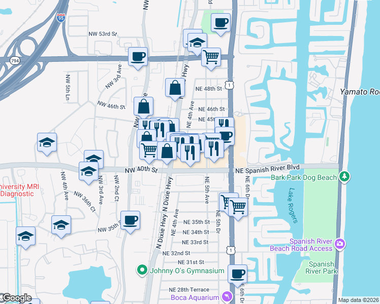 map of restaurants, bars, coffee shops, grocery stores, and more near 402 Northeast 42nd Street in Boca Raton