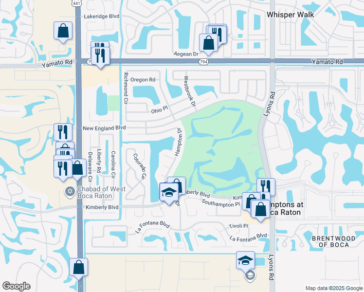 map of restaurants, bars, coffee shops, grocery stores, and more near 19480 Hampton Drive in Boca Raton