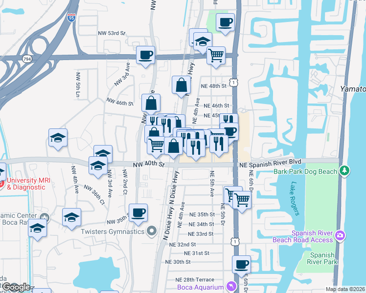 map of restaurants, bars, coffee shops, grocery stores, and more near 4231 Northeast 4th Avenue in Boca Raton