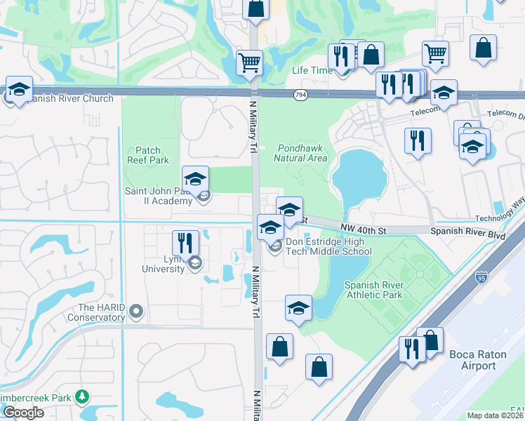 map of restaurants, bars, coffee shops, grocery stores, and more near 1851 Northwest 40th Drive in Boca Raton