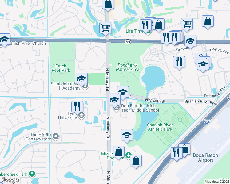 map of restaurants, bars, coffee shops, grocery stores, and more near 1851 Northwest 40th Drive in Boca Raton