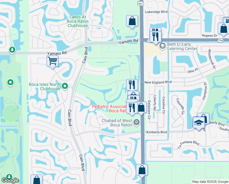 map of restaurants, bars, coffee shops, grocery stores, and more near 19325 Cherry Hills Terrace in Boca Raton