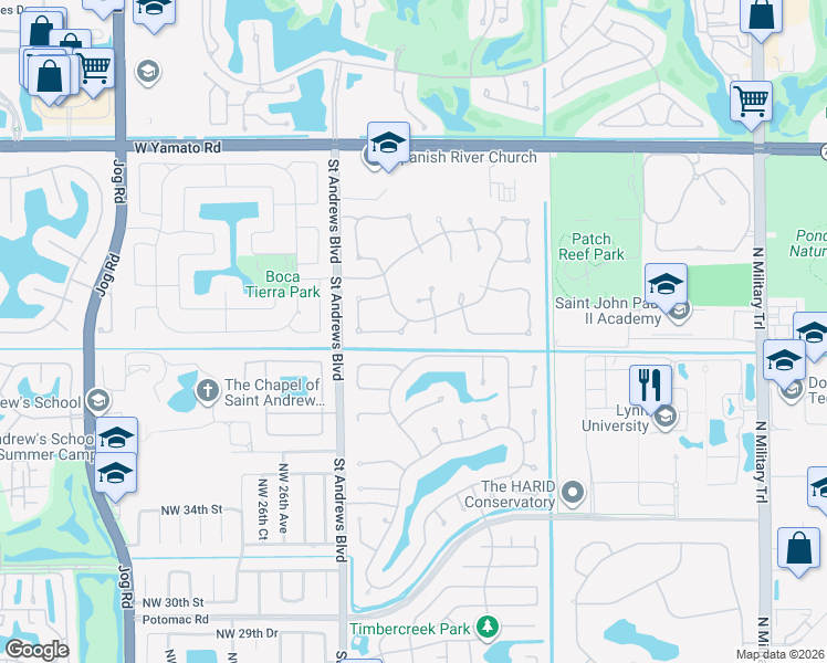 map of restaurants, bars, coffee shops, grocery stores, and more near 4115 Northwest 24th Way in Boca Raton