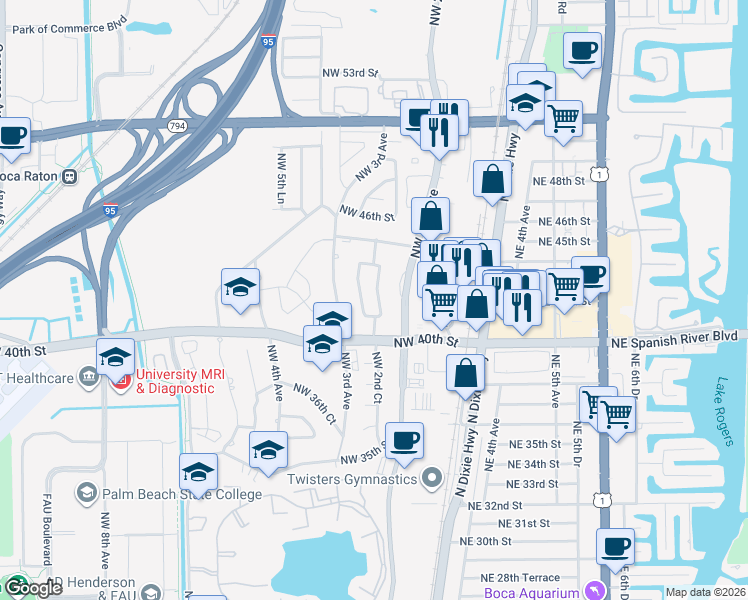 map of restaurants, bars, coffee shops, grocery stores, and more near 4163 Northwest 2nd Court in Boca Raton