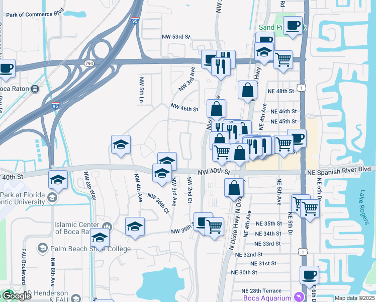 map of restaurants, bars, coffee shops, grocery stores, and more near 4163 Northwest 2nd Court in Boca Raton
