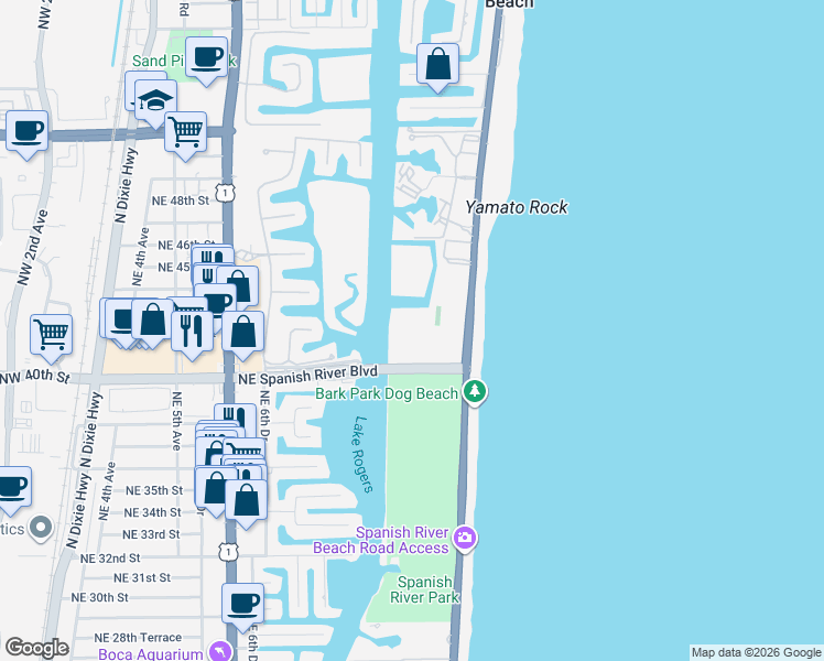 map of restaurants, bars, coffee shops, grocery stores, and more near 4101 North Ocean Boulevard in Boca Raton