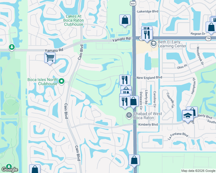 map of restaurants, bars, coffee shops, grocery stores, and more near 19325 Cherry Hills Terrace in Boca Raton