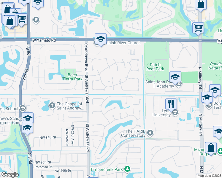 map of restaurants, bars, coffee shops, grocery stores, and more near 4115 Northwest 24th Way in Boca Raton