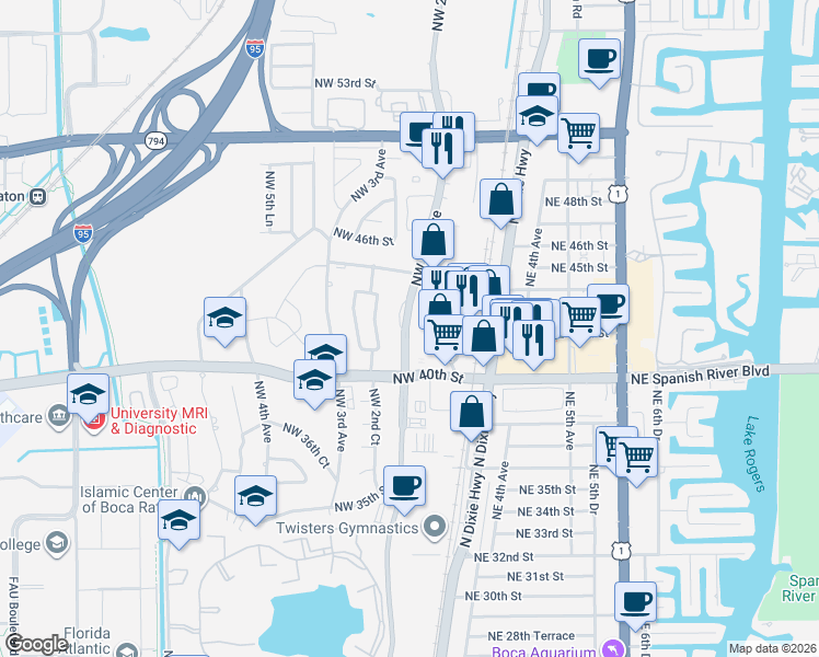 map of restaurants, bars, coffee shops, grocery stores, and more near 4160 Northwest 2nd Avenue in Boca Raton