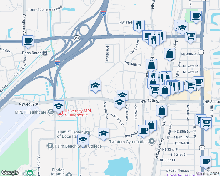 map of restaurants, bars, coffee shops, grocery stores, and more near 345 Northwest 42nd Street in Boca Raton