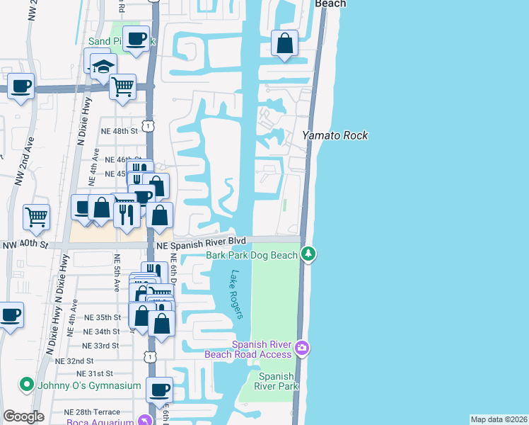 map of restaurants, bars, coffee shops, grocery stores, and more near 4101 North Ocean Boulevard in Boca Raton
