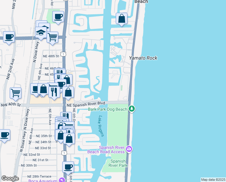 map of restaurants, bars, coffee shops, grocery stores, and more near 4101 North Ocean Boulevard in Boca Raton