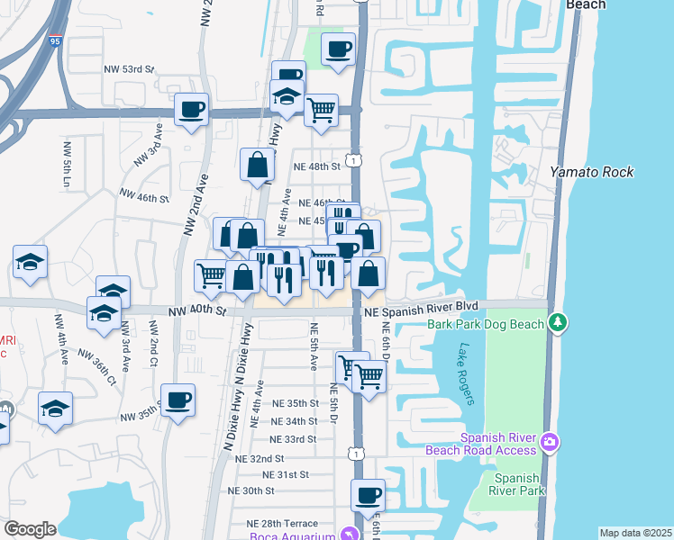 map of restaurants, bars, coffee shops, grocery stores, and more near 541 Northeast 42nd Street in Boca Raton