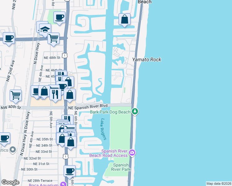 map of restaurants, bars, coffee shops, grocery stores, and more near 4101 North Ocean Boulevard in Boca Raton