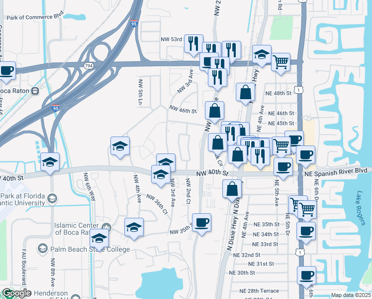 map of restaurants, bars, coffee shops, grocery stores, and more near 4209 Northwest 2nd Court in Boca Raton