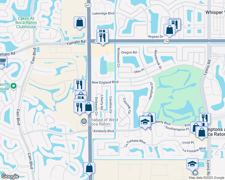 map of restaurants, bars, coffee shops, grocery stores, and more near 19364 Carolina Circle in Boca Raton