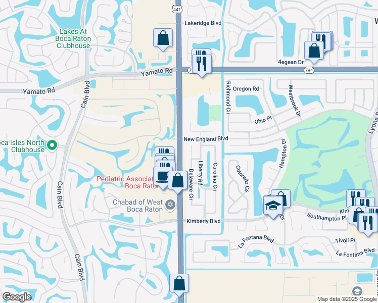 map of restaurants, bars, coffee shops, grocery stores, and more near 19307 Delaware Court in Boca Raton