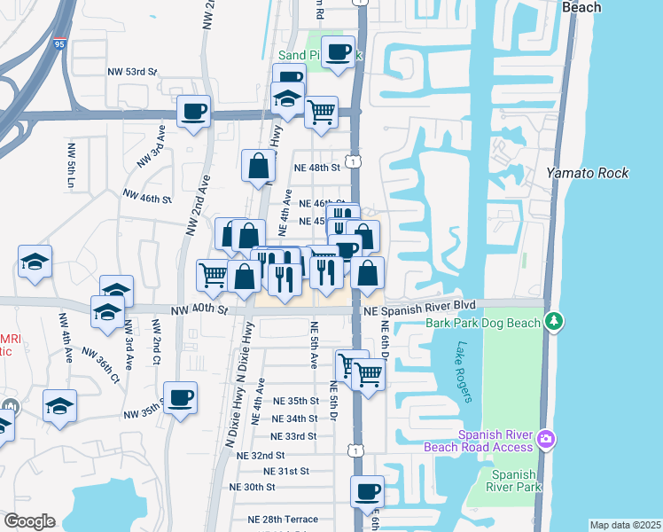 map of restaurants, bars, coffee shops, grocery stores, and more near 541 Northeast 42nd Street in Boca Raton