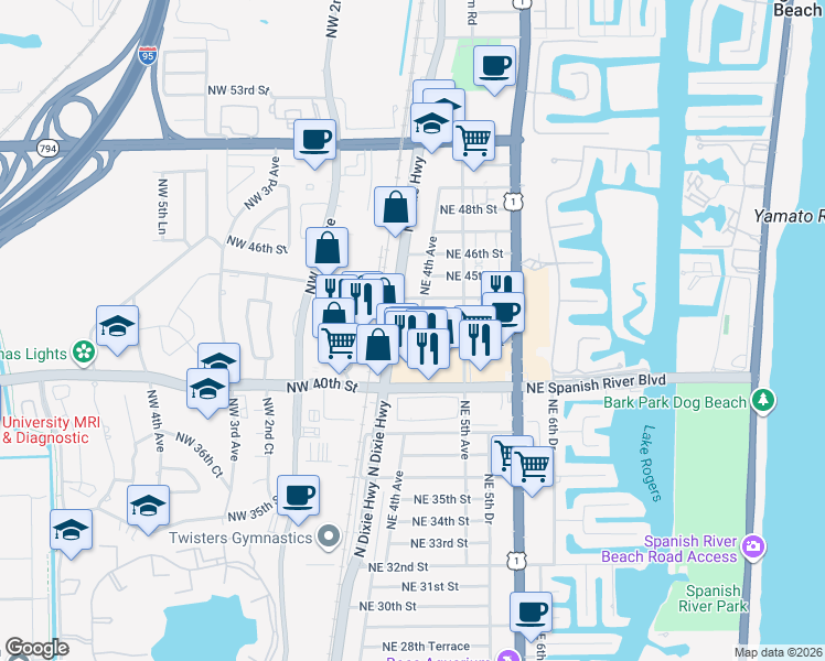 map of restaurants, bars, coffee shops, grocery stores, and more near 4231 Northeast 4th Avenue in Boca Raton