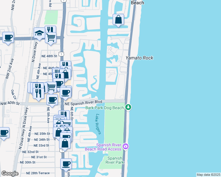 map of restaurants, bars, coffee shops, grocery stores, and more near 4101 North Ocean Boulevard in Boca Raton