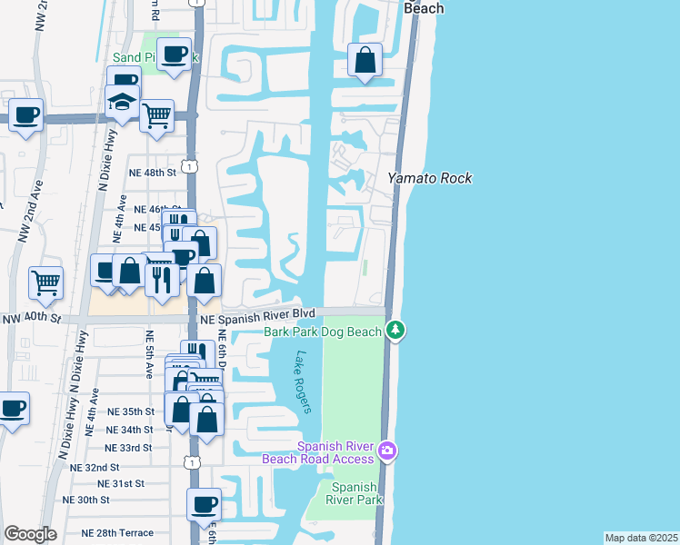 map of restaurants, bars, coffee shops, grocery stores, and more near 4101 North Ocean Boulevard in Boca Raton