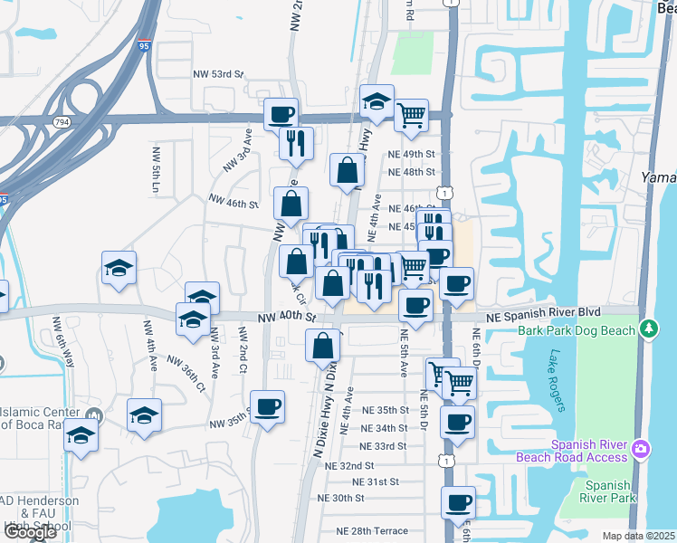 map of restaurants, bars, coffee shops, grocery stores, and more near 4201 North Dixie Highway in Boca Raton