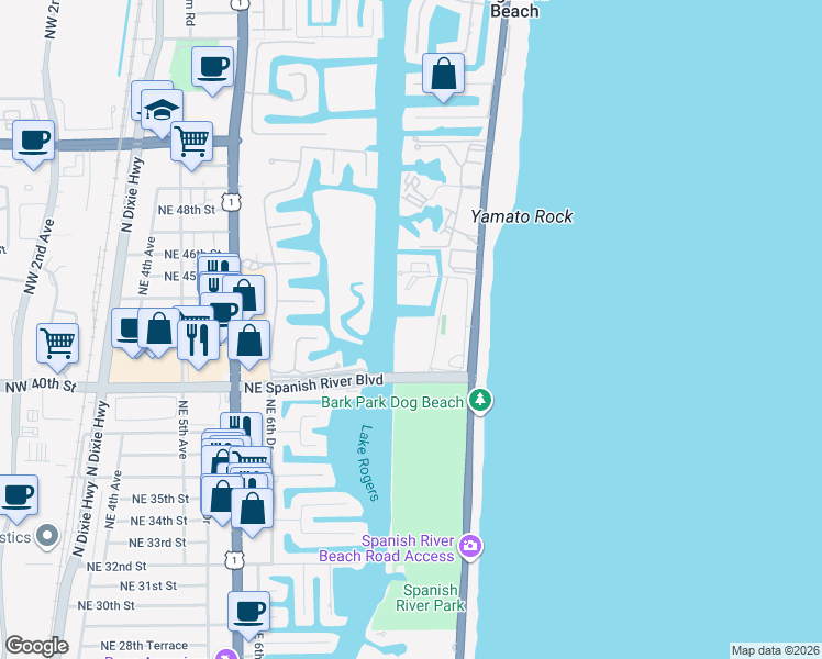map of restaurants, bars, coffee shops, grocery stores, and more near 4101 North Ocean Boulevard in Boca Raton