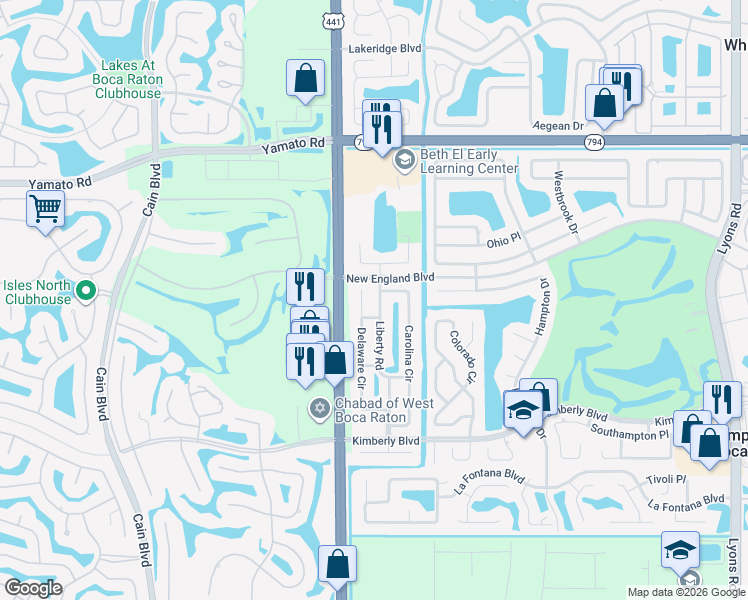 map of restaurants, bars, coffee shops, grocery stores, and more near 19305 Liberty Road in Boca Raton
