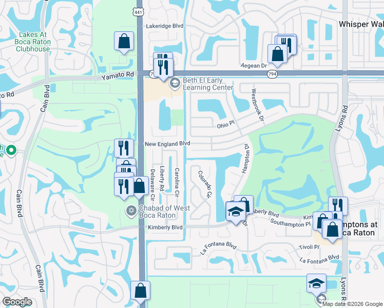 map of restaurants, bars, coffee shops, grocery stores, and more near 9746 Lancaster Place in Boca Raton