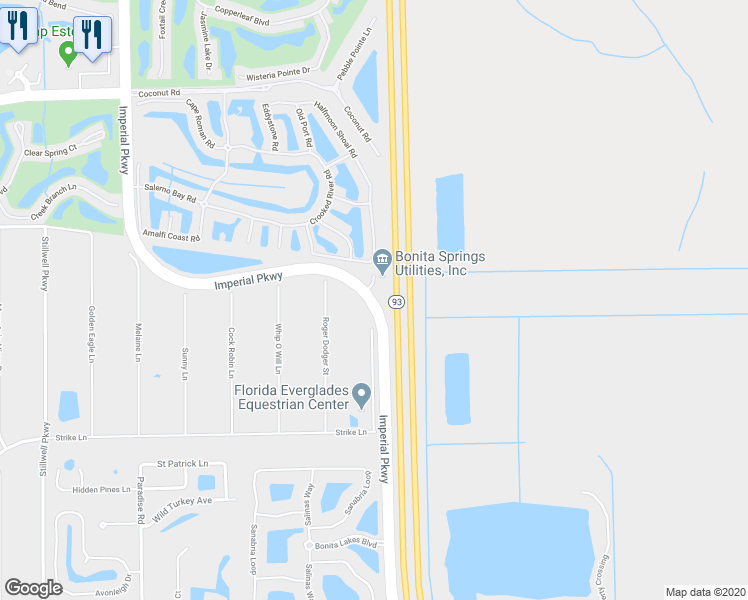 map of restaurants, bars, coffee shops, grocery stores, and more near 15218 Imperial Parkway in Bonita Springs