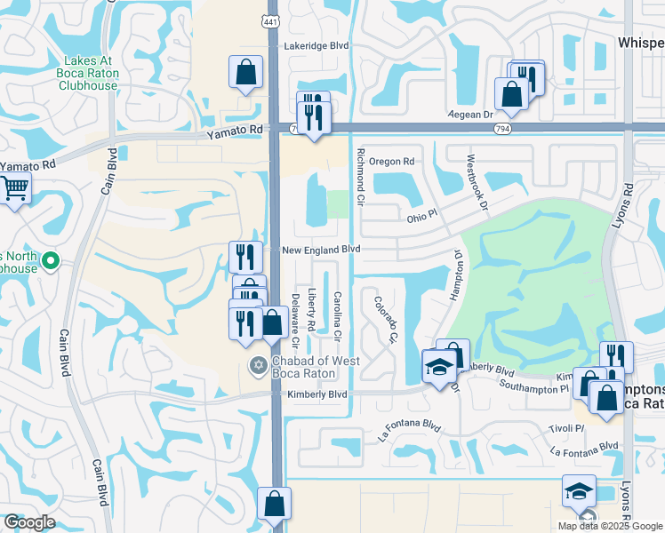 map of restaurants, bars, coffee shops, grocery stores, and more near 19320 Carolina Circle in Boca Raton