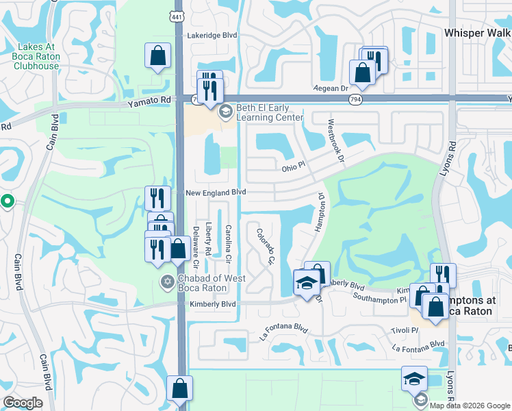 map of restaurants, bars, coffee shops, grocery stores, and more near 9746 Lancaster Place in Boca Raton