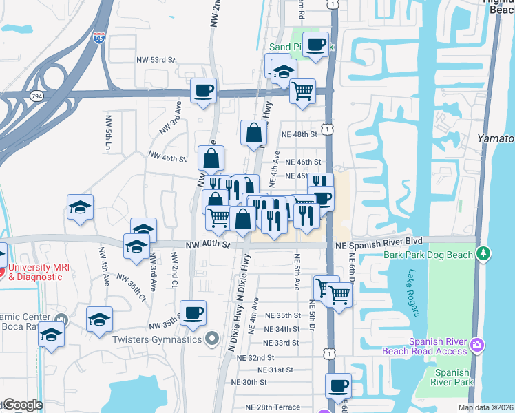 map of restaurants, bars, coffee shops, grocery stores, and more near 4231 Northeast 4th Avenue in Boca Raton