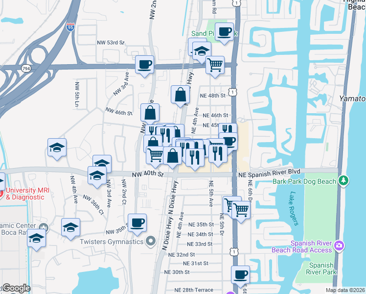 map of restaurants, bars, coffee shops, grocery stores, and more near 4231 Northeast 4th Avenue in Boca Raton