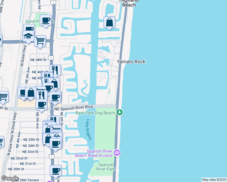 map of restaurants, bars, coffee shops, grocery stores, and more near 4101 North Ocean Boulevard in Boca Raton