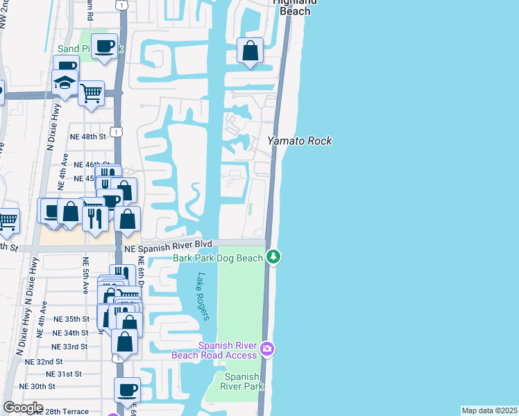 map of restaurants, bars, coffee shops, grocery stores, and more near 4101 North Ocean Boulevard in Boca Raton