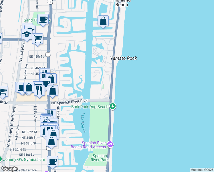 map of restaurants, bars, coffee shops, grocery stores, and more near 4101 North Ocean Boulevard in Boca Raton