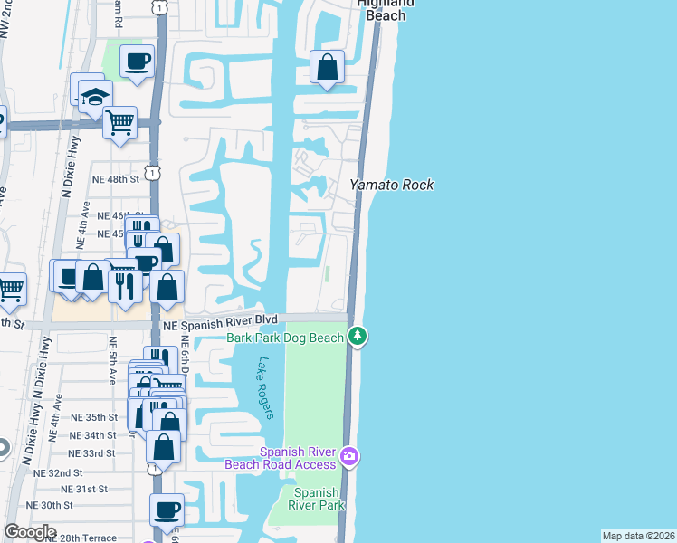 map of restaurants, bars, coffee shops, grocery stores, and more near 4101 North Ocean Boulevard in Boca Raton