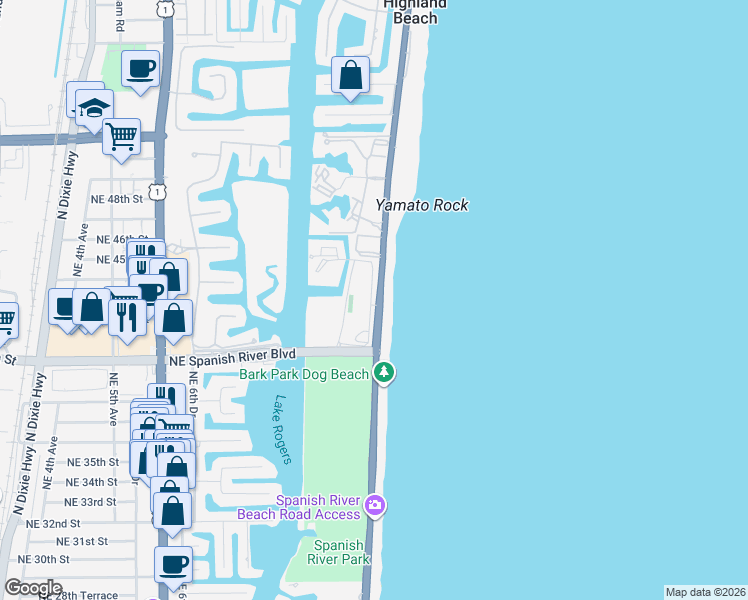 map of restaurants, bars, coffee shops, grocery stores, and more near 4001 North Ocean Boulevard in Boca Raton