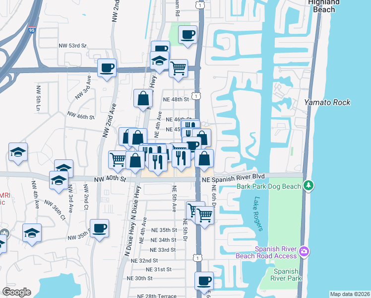 map of restaurants, bars, coffee shops, grocery stores, and more near 541 Northeast 42nd Street in Boca Raton