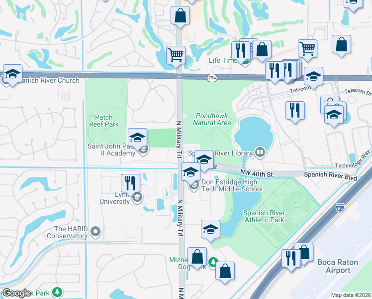 map of restaurants, bars, coffee shops, grocery stores, and more near 1851 Northwest 40th Drive in Boca Raton