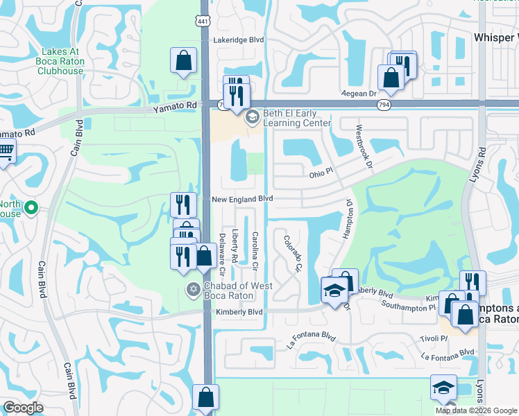 map of restaurants, bars, coffee shops, grocery stores, and more near 19364 Carolina Circle in Boca Raton