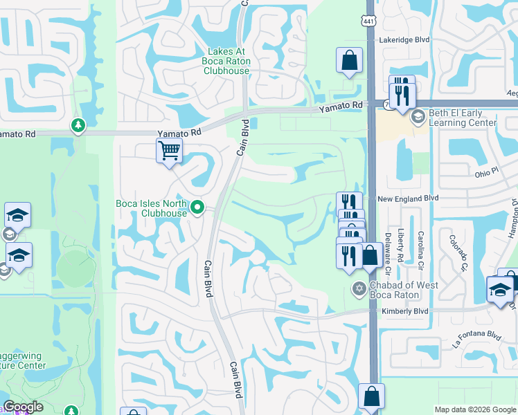 map of restaurants, bars, coffee shops, grocery stores, and more near 10122 Canoe Brook Circle in Boca Raton