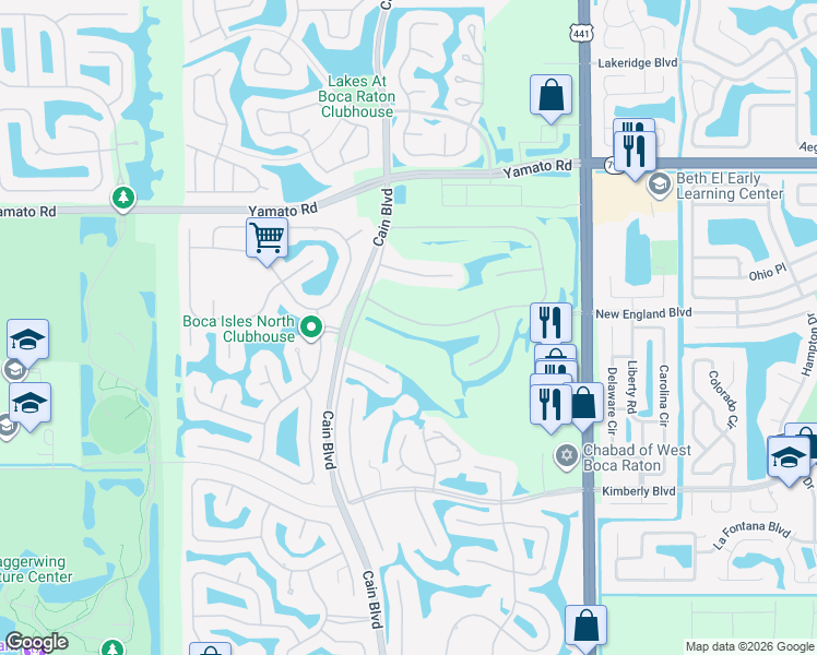 map of restaurants, bars, coffee shops, grocery stores, and more near 10122 Canoe Brook Circle in Boca Raton