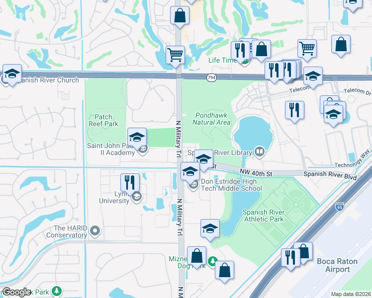 map of restaurants, bars, coffee shops, grocery stores, and more near 1851 Northwest 40th Drive in Boca Raton
